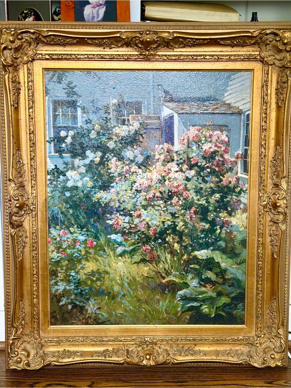Giclée print of The Backyard & the Cat by Abbott Fuller Graves. Heavy gilt frame